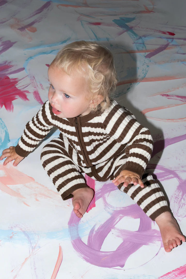 Organic Rib Stripe Knit Zipper Jumpsuit - Espresso & Milk