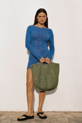 Crochet Lattice Knit Mini Dress - Bright Blue
