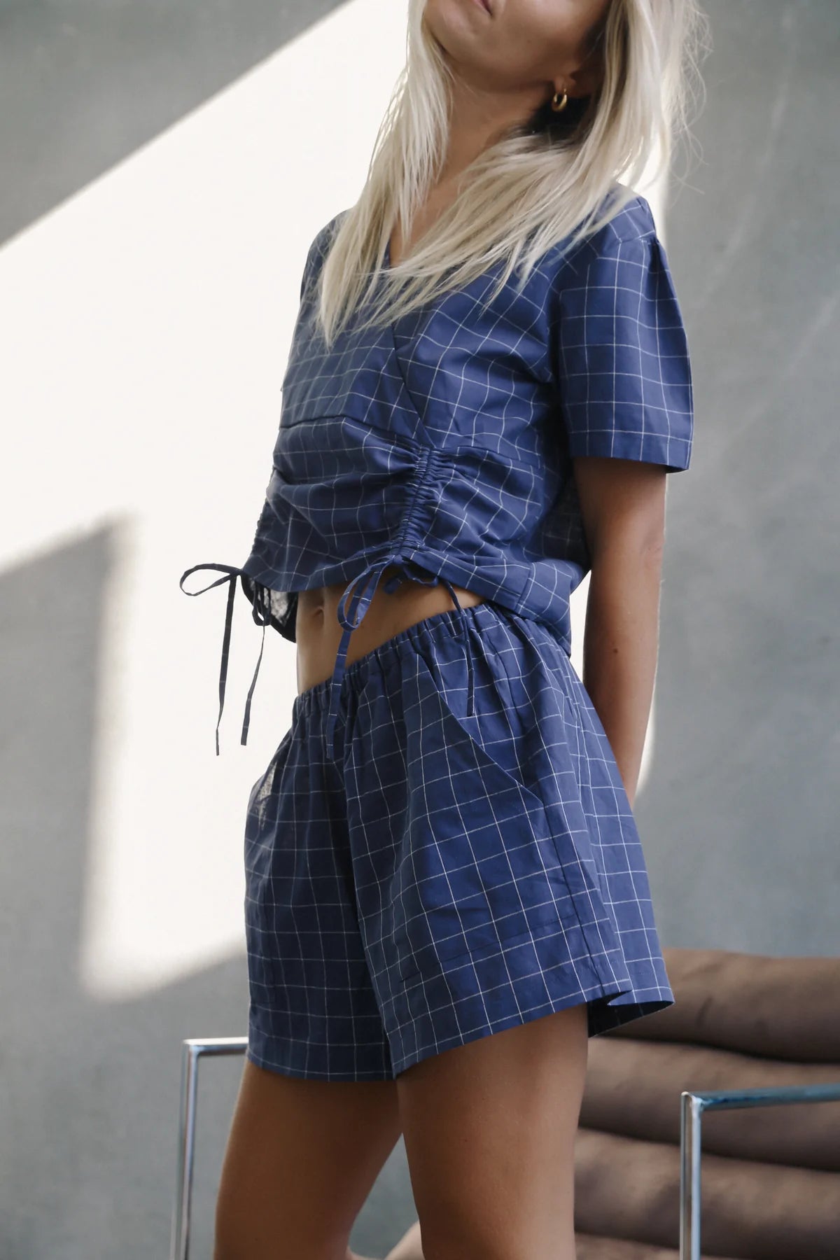 Hana Tie Blouse Indigo Plaid