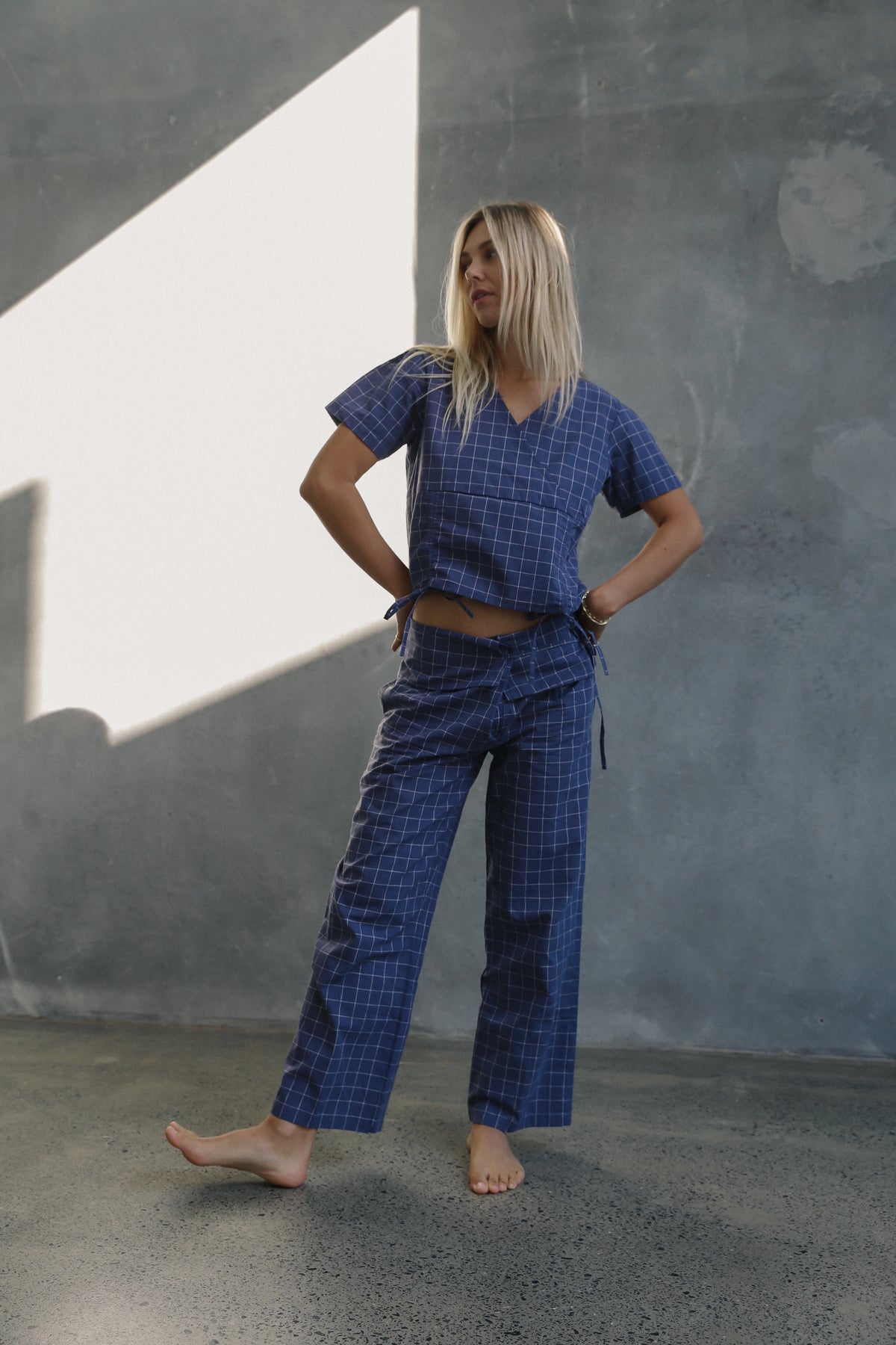 Hana Tie Blouse Indigo Plaid