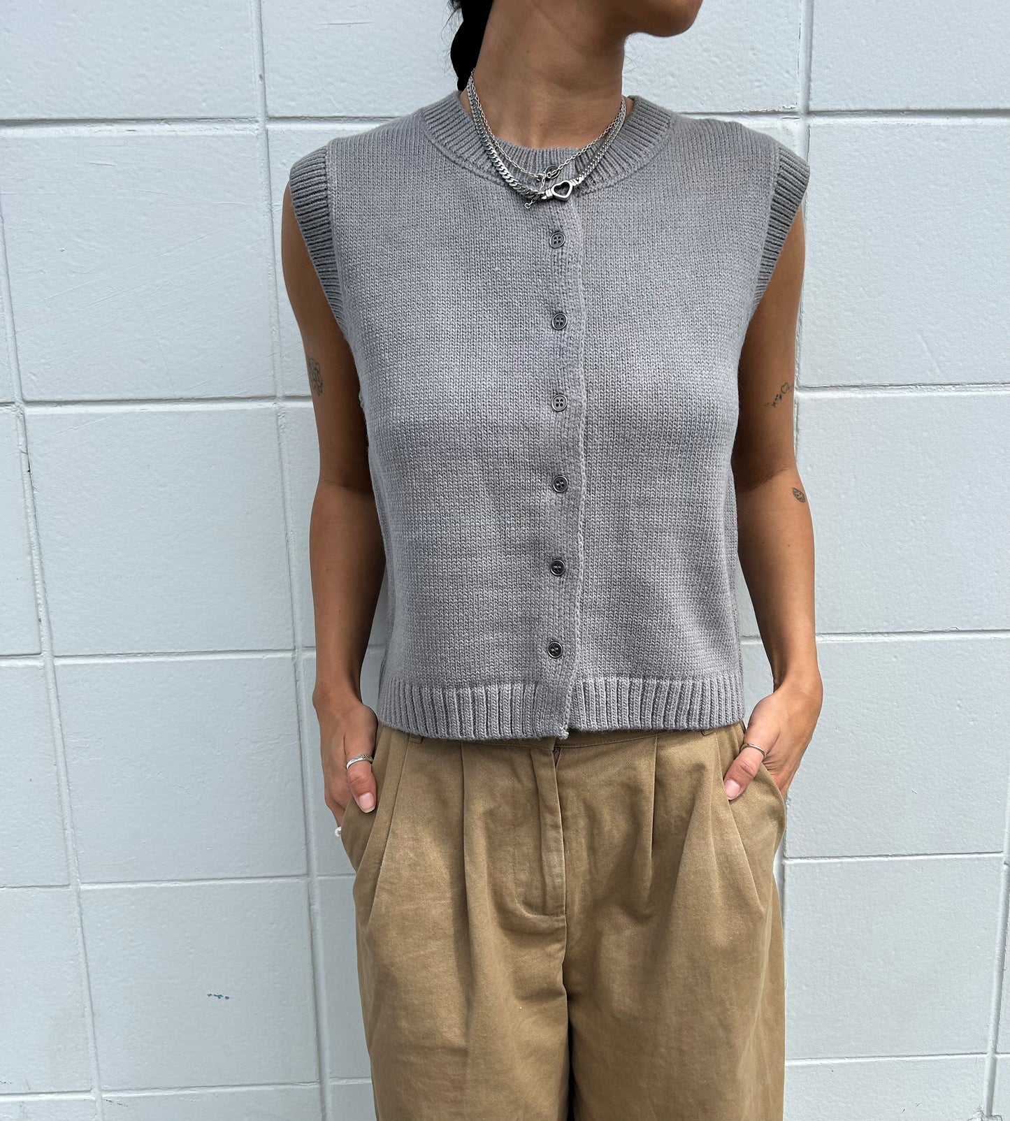 Grey Button Up Knit Vest