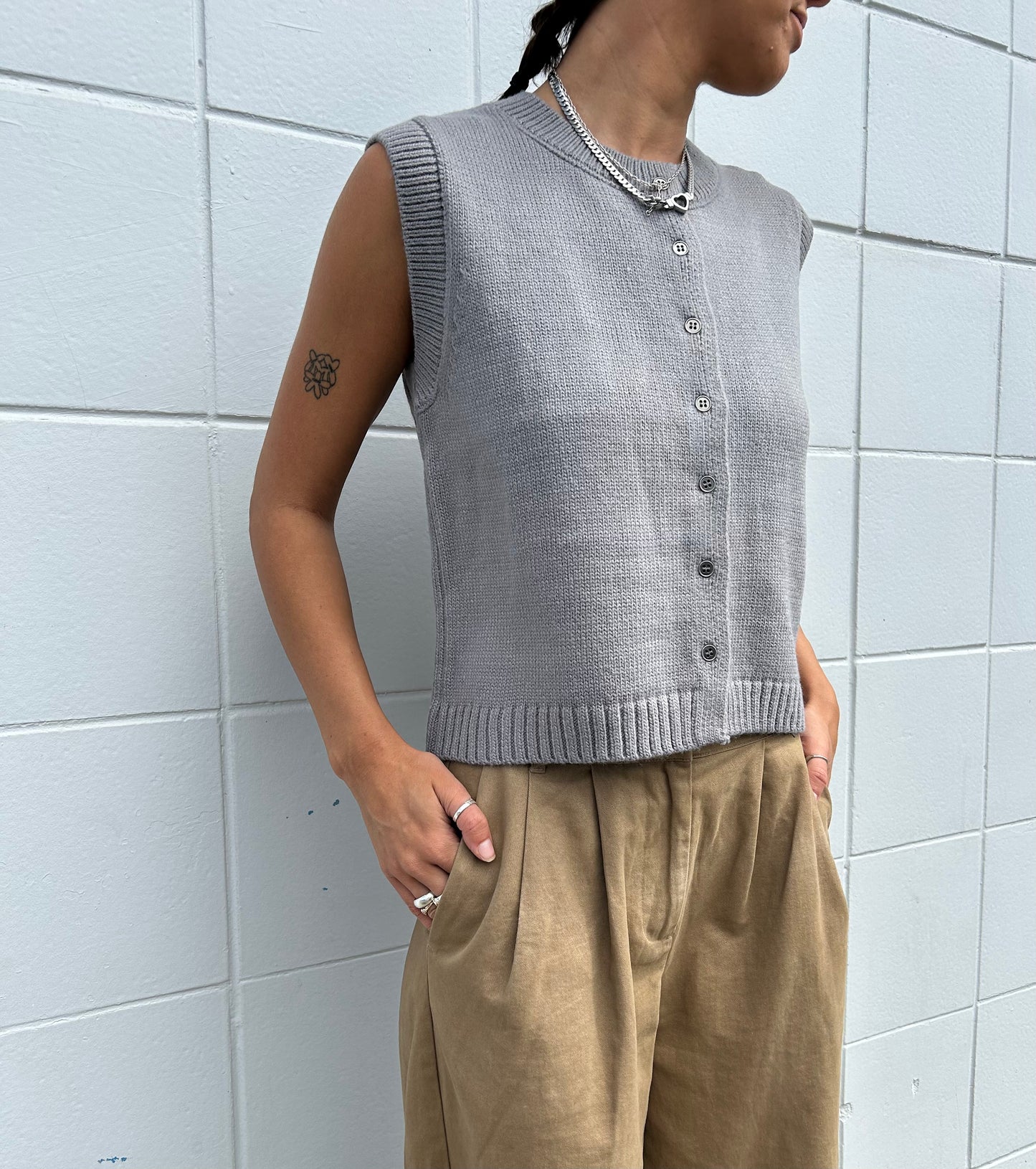 Grey Button Up Knit Vest