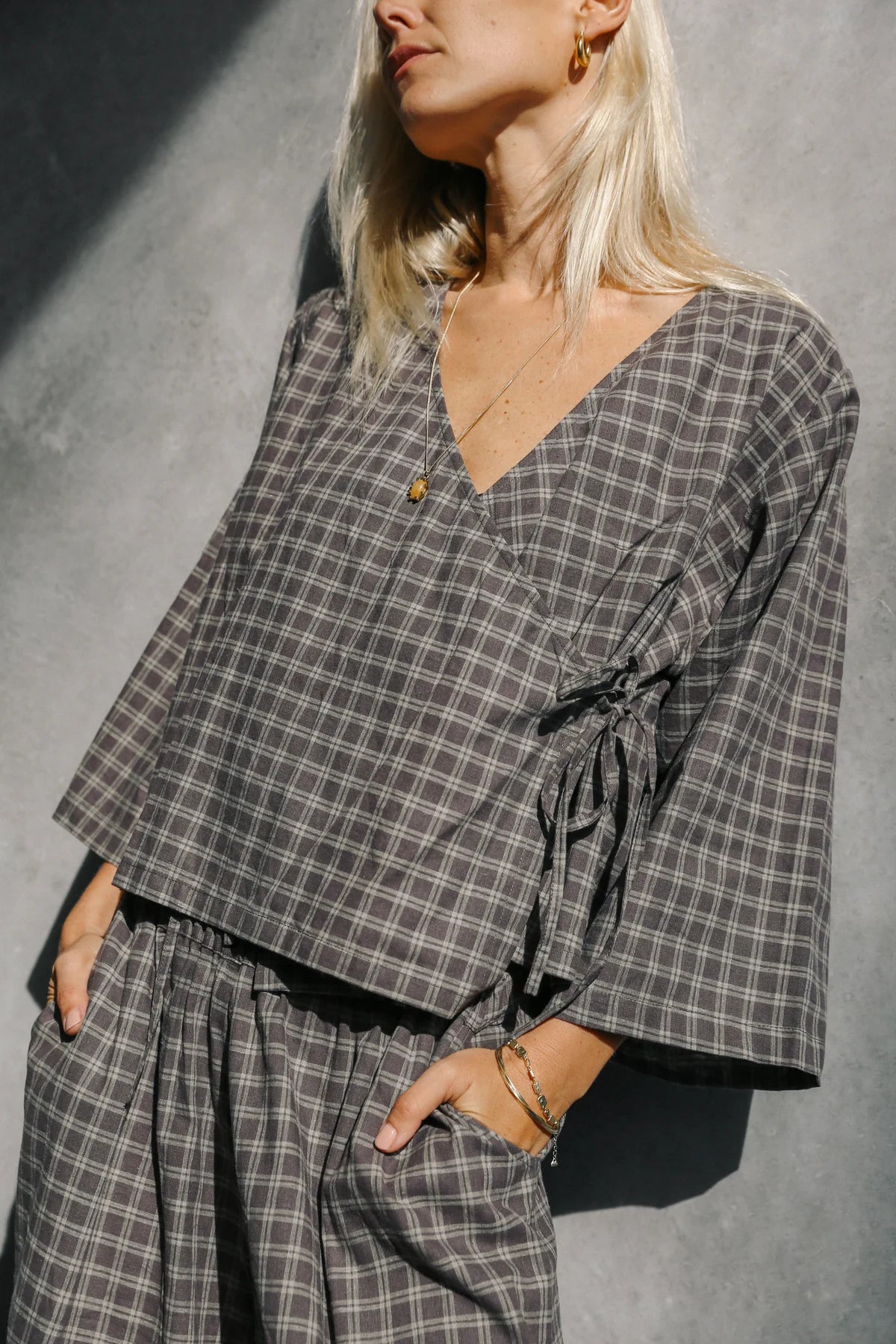 Mia Wrap Top Maple Gingham