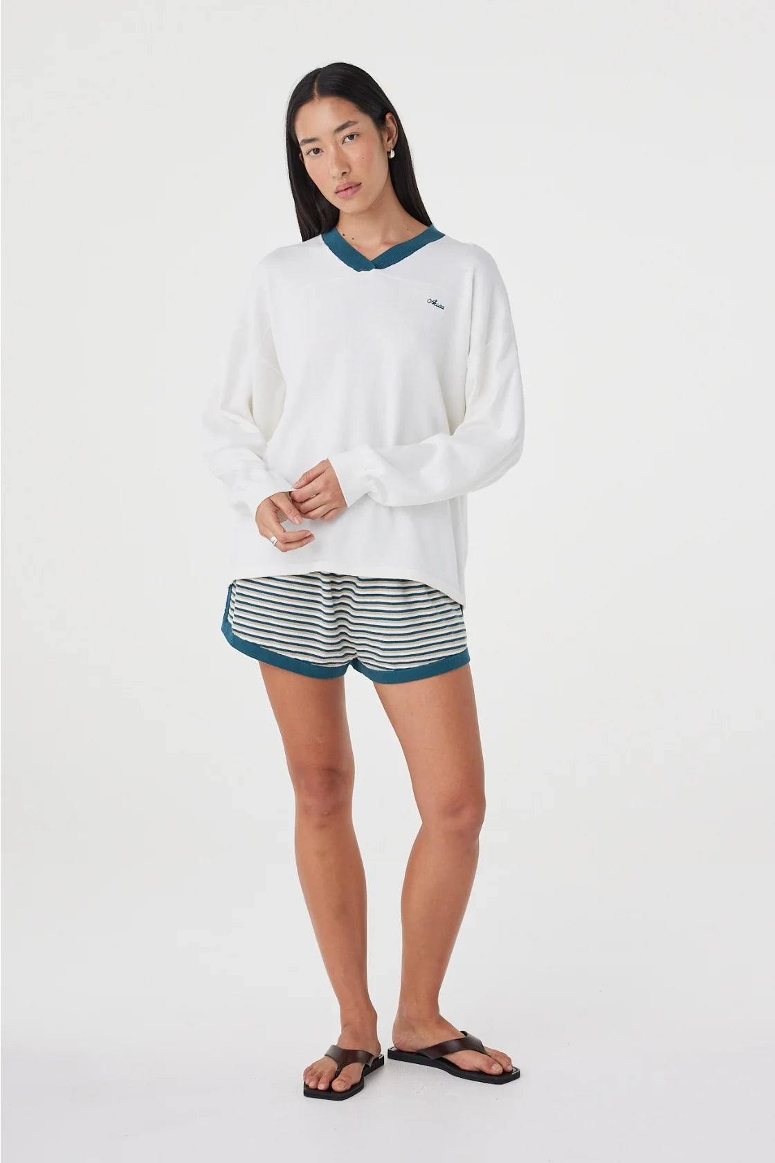 Cammy LS Tee - Cream & Teal