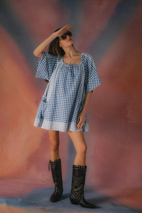 Bloom Check Dress- Blue