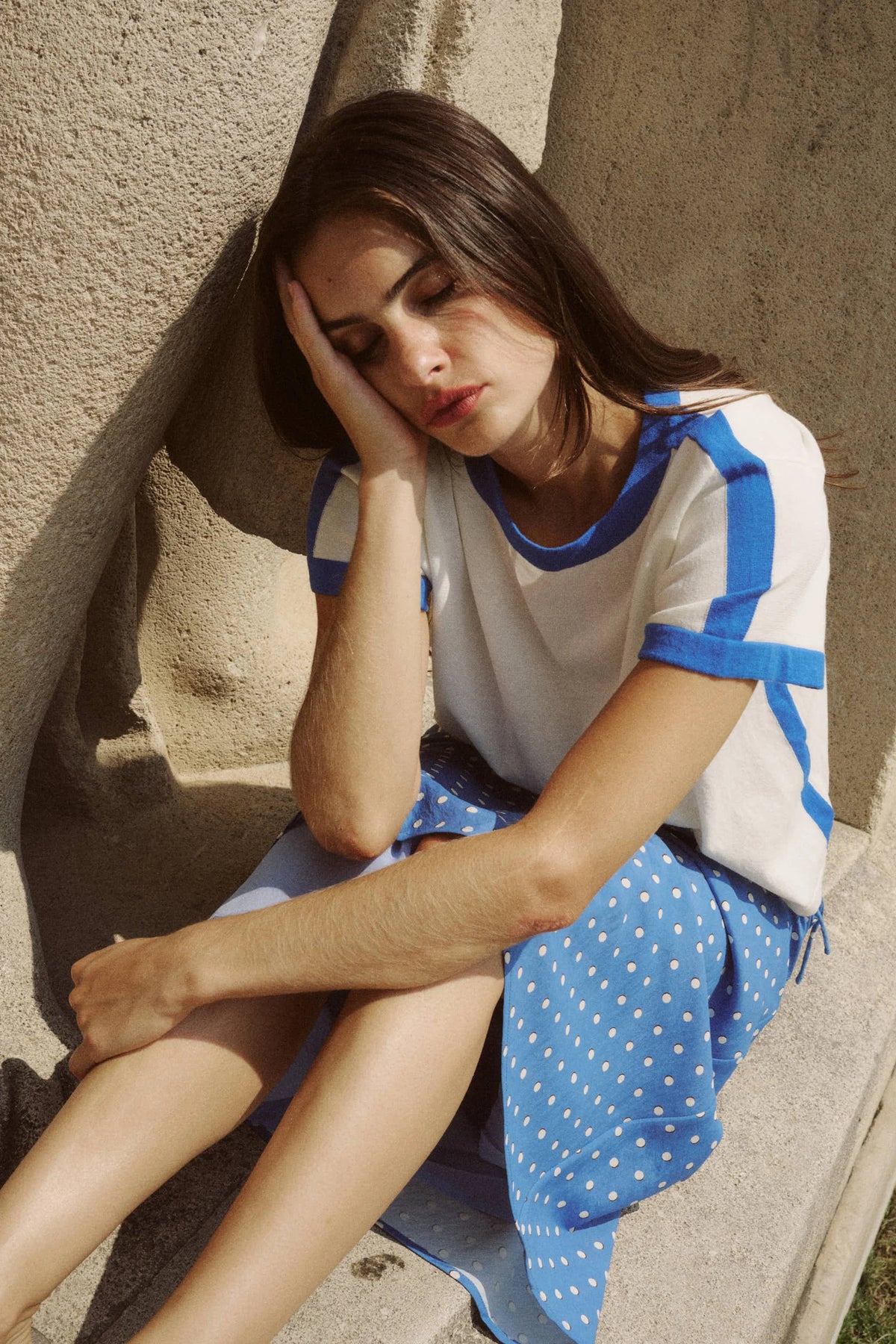 Rania Contrast Knit Tee- Cornflower