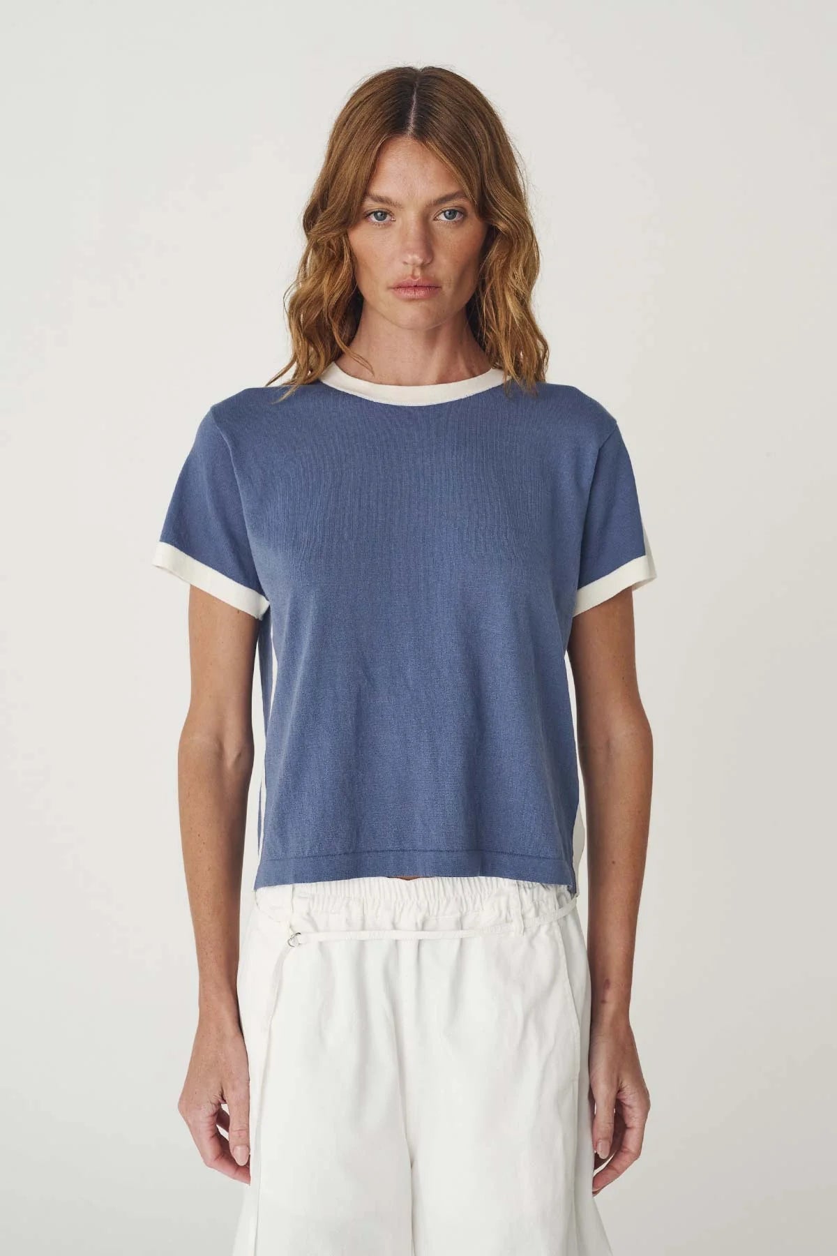 Rania Contrast Knit Tee- Chalk