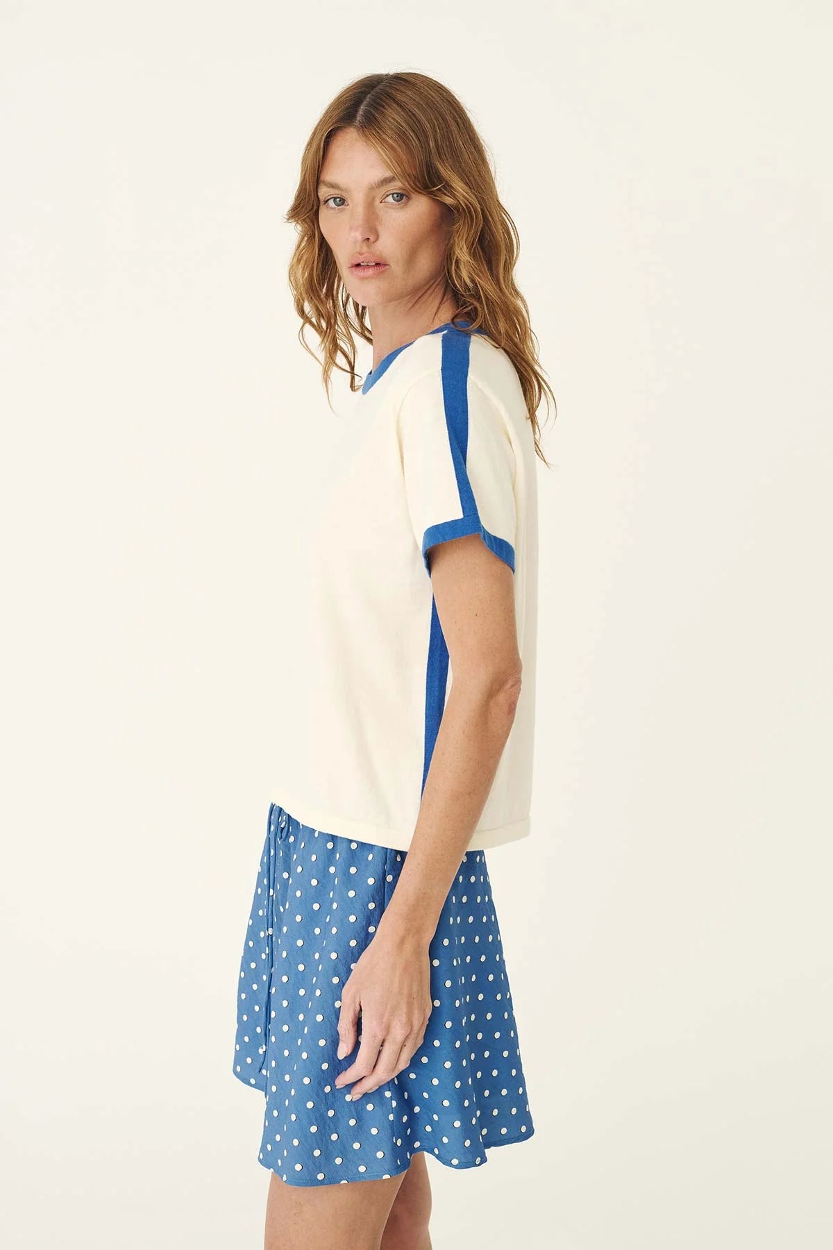 Rania Contrast Knit Tee- Cornflower