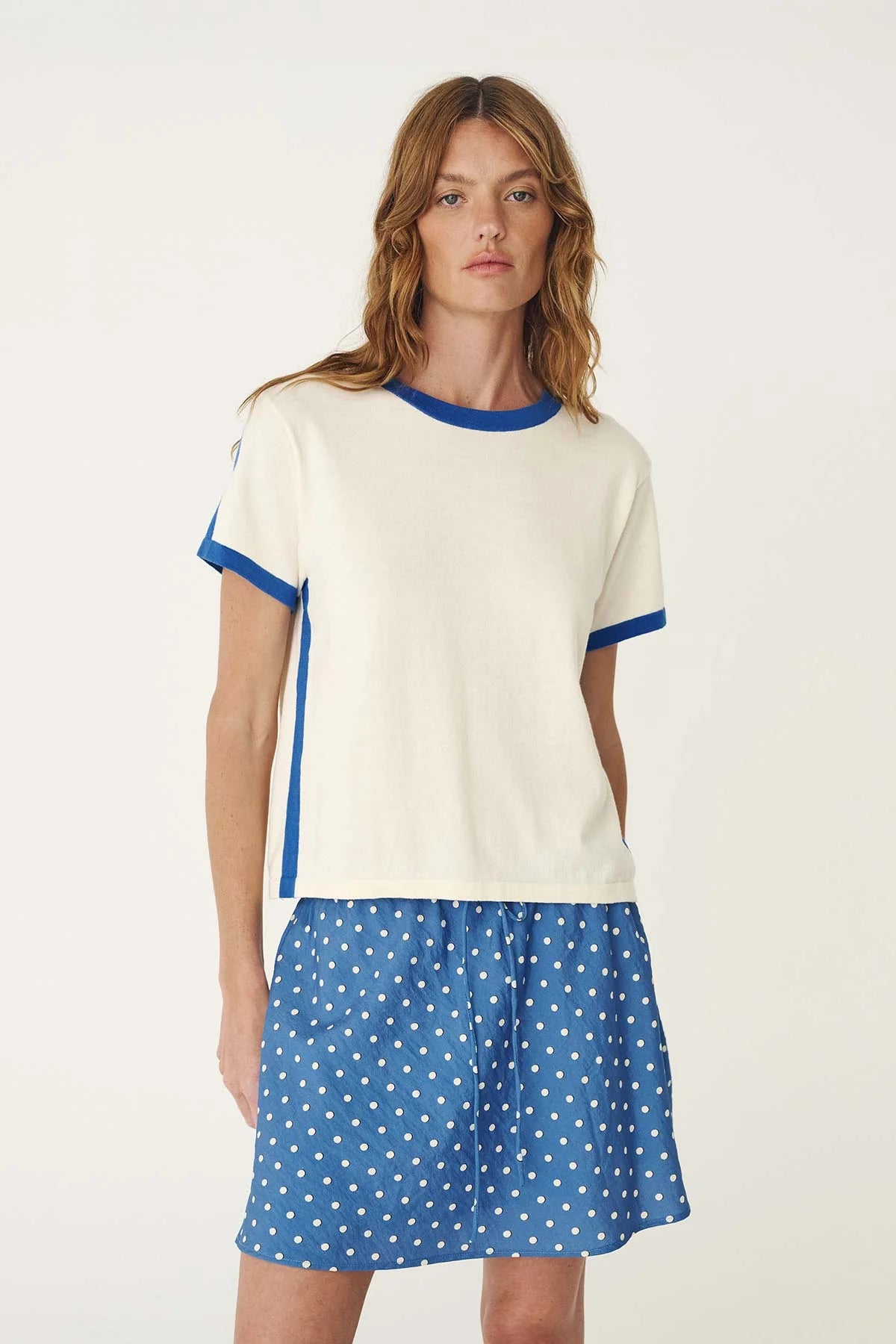 Rania Contrast Knit Tee- Cornflower