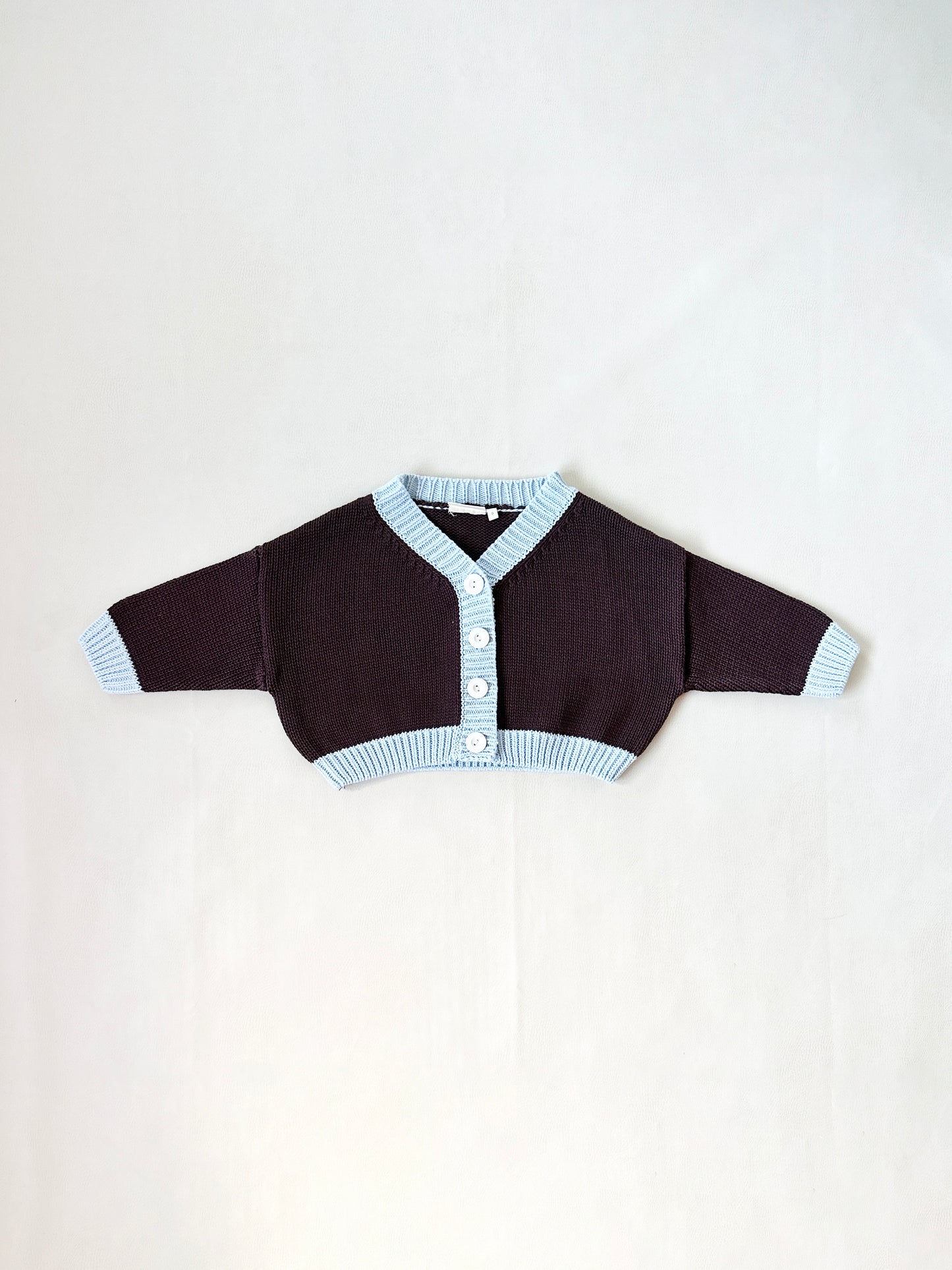 Rye Cotton Knitted Contrast Cardigan- Coffee/sky Blue