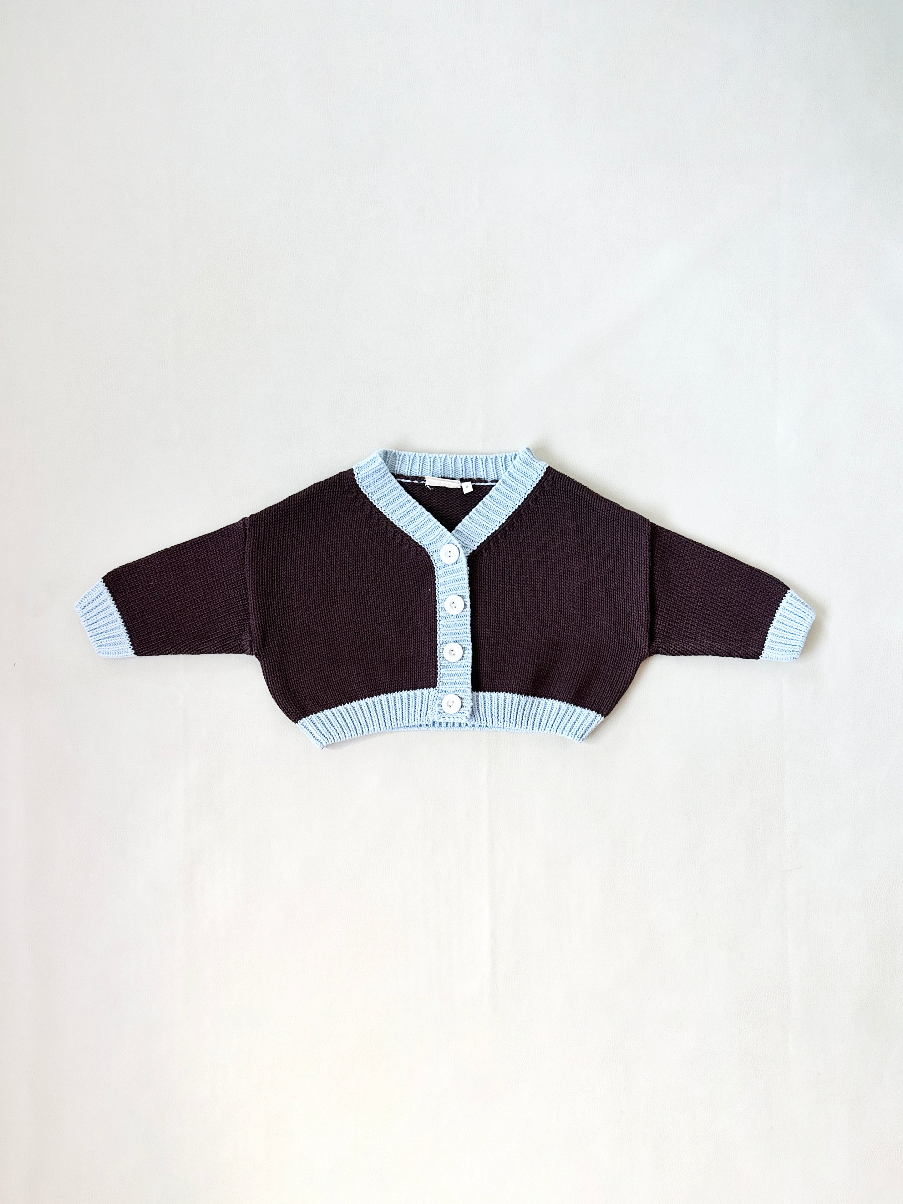 Rye Cotton Knitted Contrast Cardigan- Coffee/sky Blue