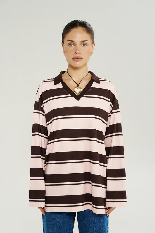 Polo Top - Choc Rose Stripe