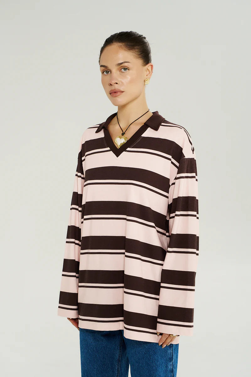 Polo Top - Choc Rose Stripe
