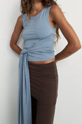 Belted wrap around top- washed blue