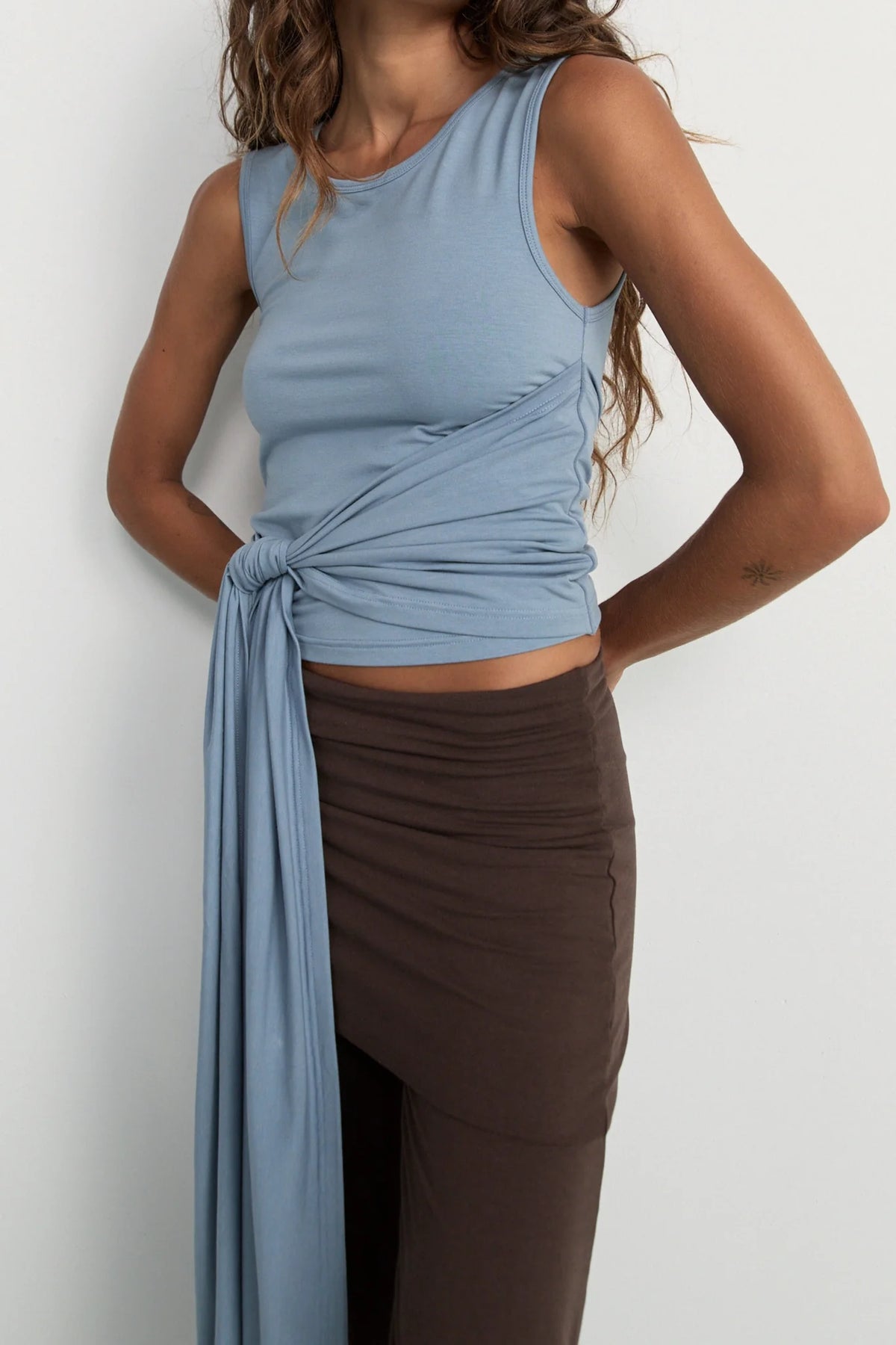 Belted wrap around top- washed blue