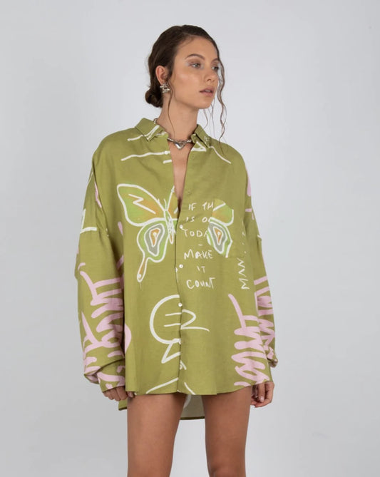 Oversized LS Shirt- Graffiti Butterfly Khaki