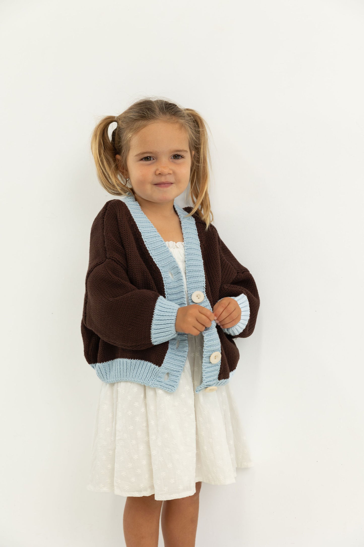 Rye Cotton Knitted Contrast Cardigan- Coffee/sky Blue