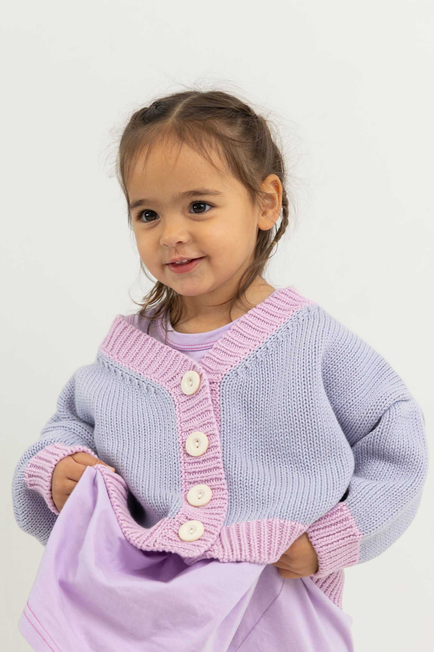 Rye Cotton Knitted Contrast Cardigan- Lilac/Pink