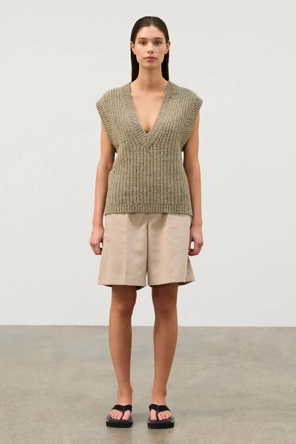 Olive Merino Wool Blend Rib Knit Vest - Olive