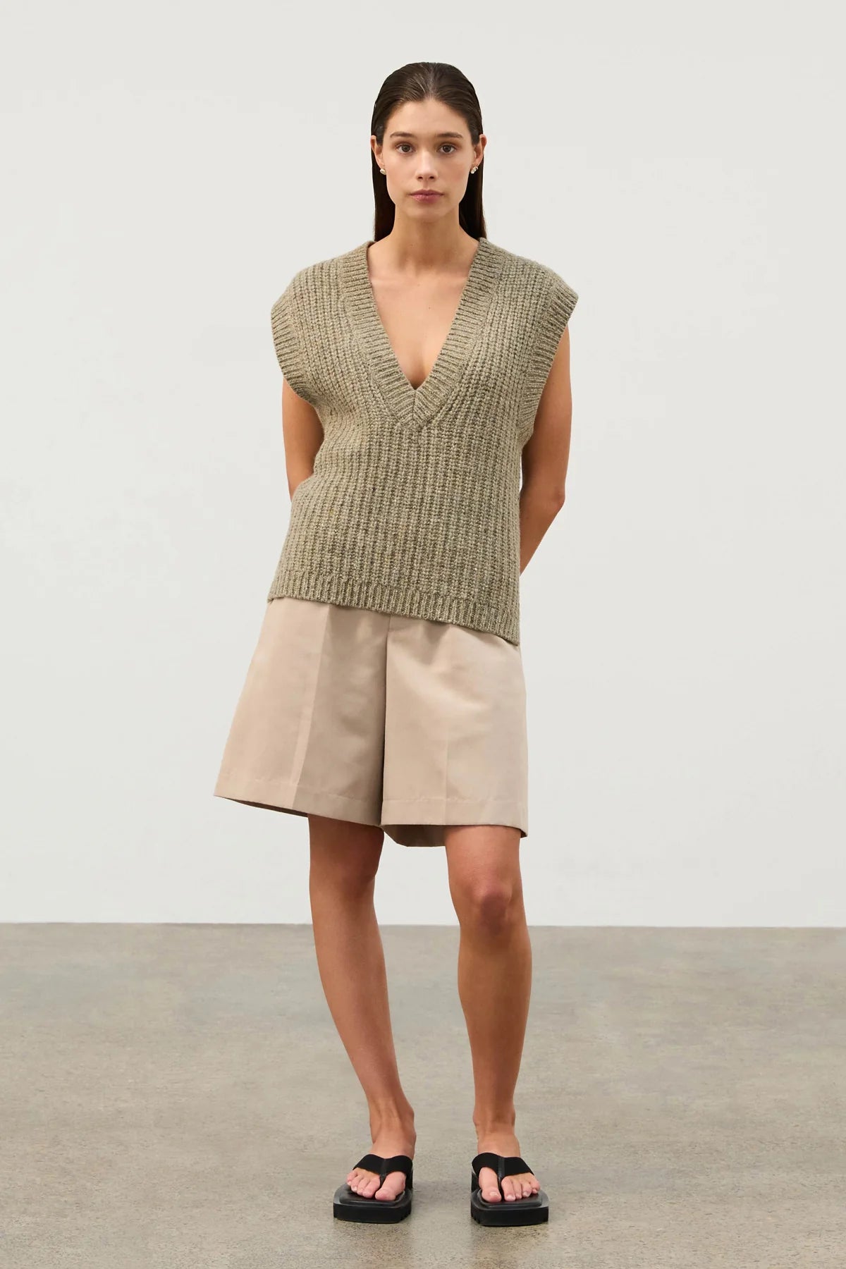 Olive Merino Wool Blend Rib Knit Vest - Olive