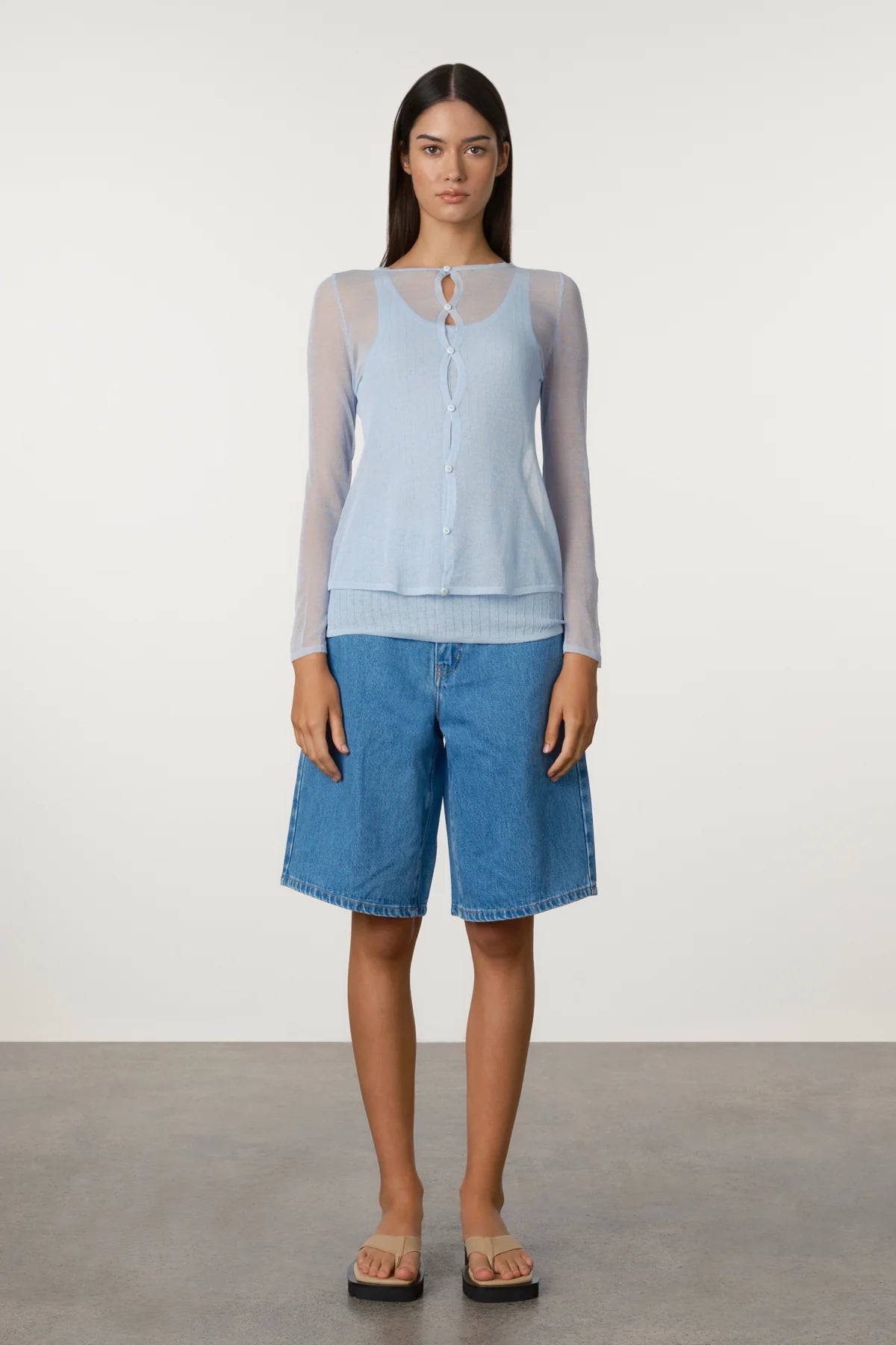 Sheer Knit Cardigan Set - Soft Blue