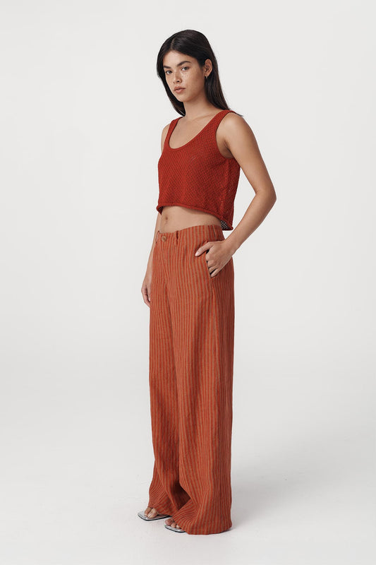 Carlotta Linen Wide Pants- Paprika Stripe