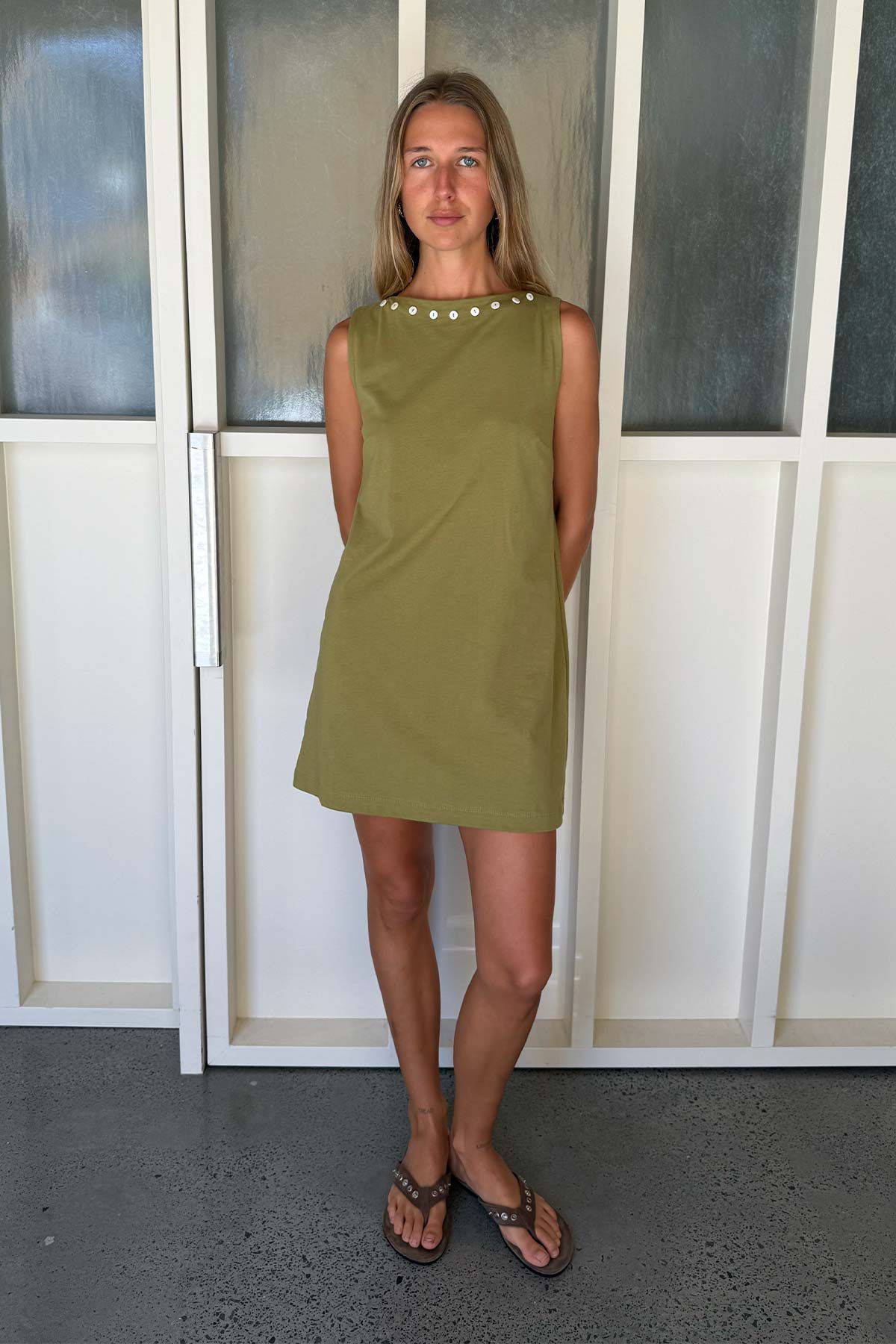 Muriel Button Boatneck Mini Dress- Palm Green