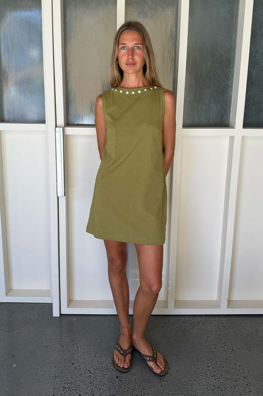 Muriel Button Boatneck Mini Dress- Palm Green