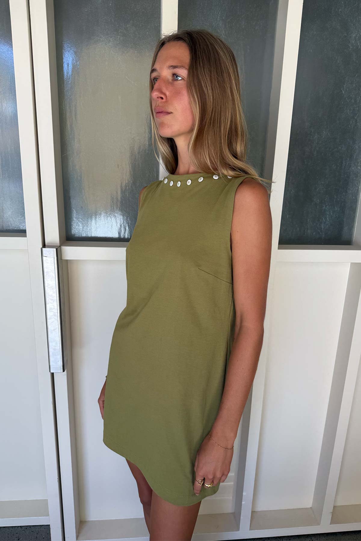 Muriel Button Boatneck Mini Dress- Palm Green