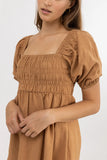 Saskia Smocked Mini Dress- Biscuit